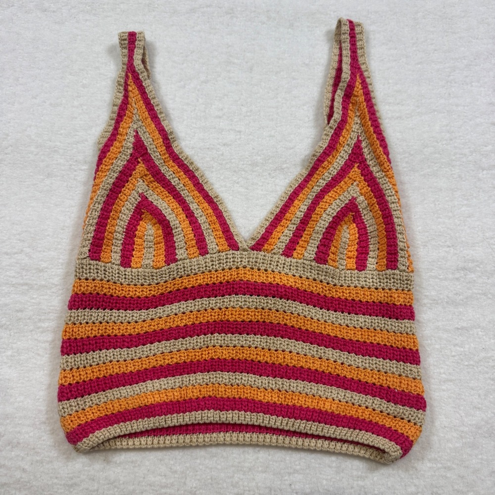 Princess Polly Crochet‎ Striped Crop Top Pink Orange Tan Knit Size M/L